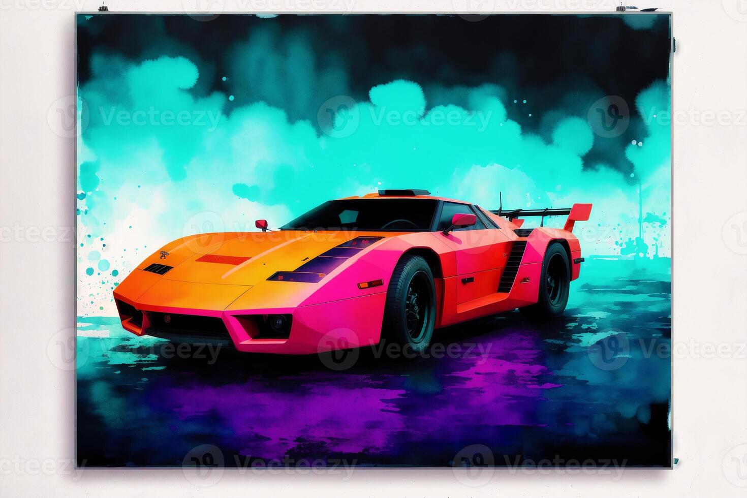 car on a background of blue and pink smoke. Watercolor paint. Digital art, photo