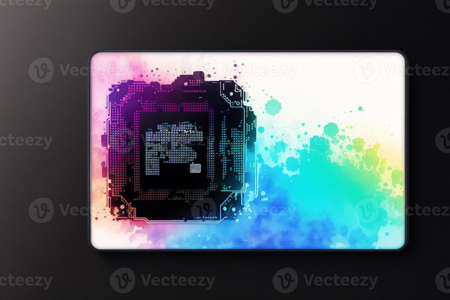Computer parts, processor and microcircuit on colorful watercolor