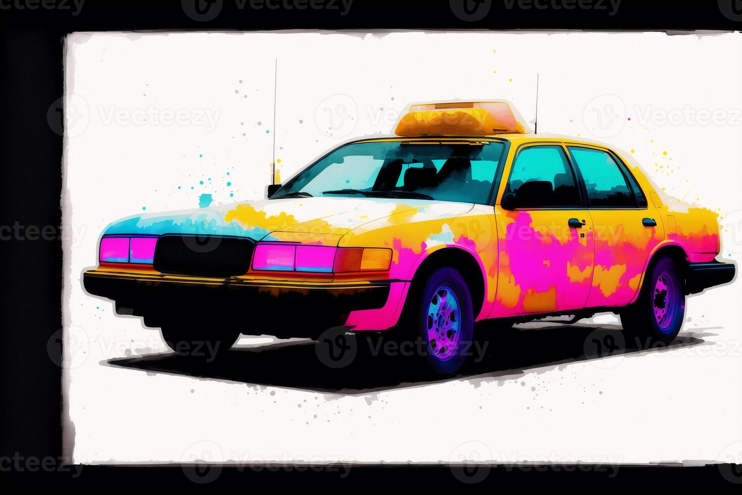 Vintage color taxi car on grunge background. Watercolor paint. Digital art, photo