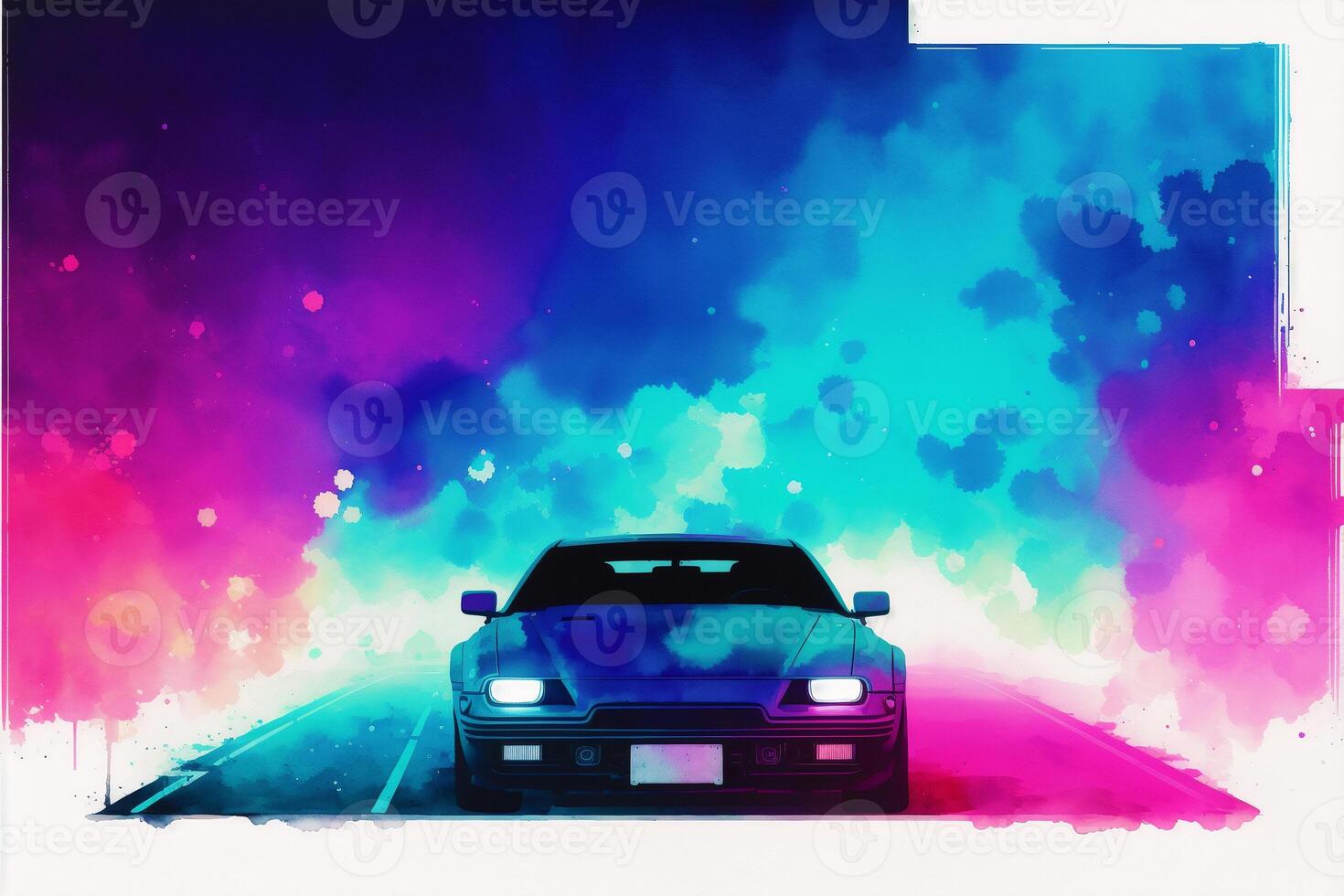 car on a background of blue and pink smoke. Watercolor paint. Digital art, photo