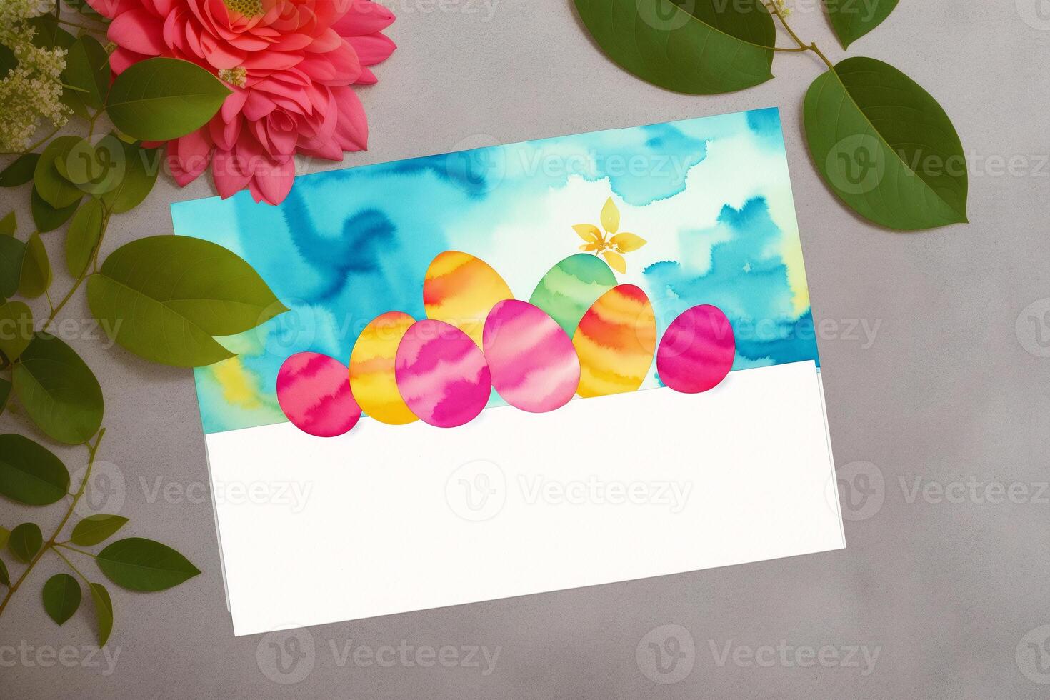 Easter postcard. Colorful easter eggs and watercolor paints on a wooden background. Watercolor paint. Digital art, photo