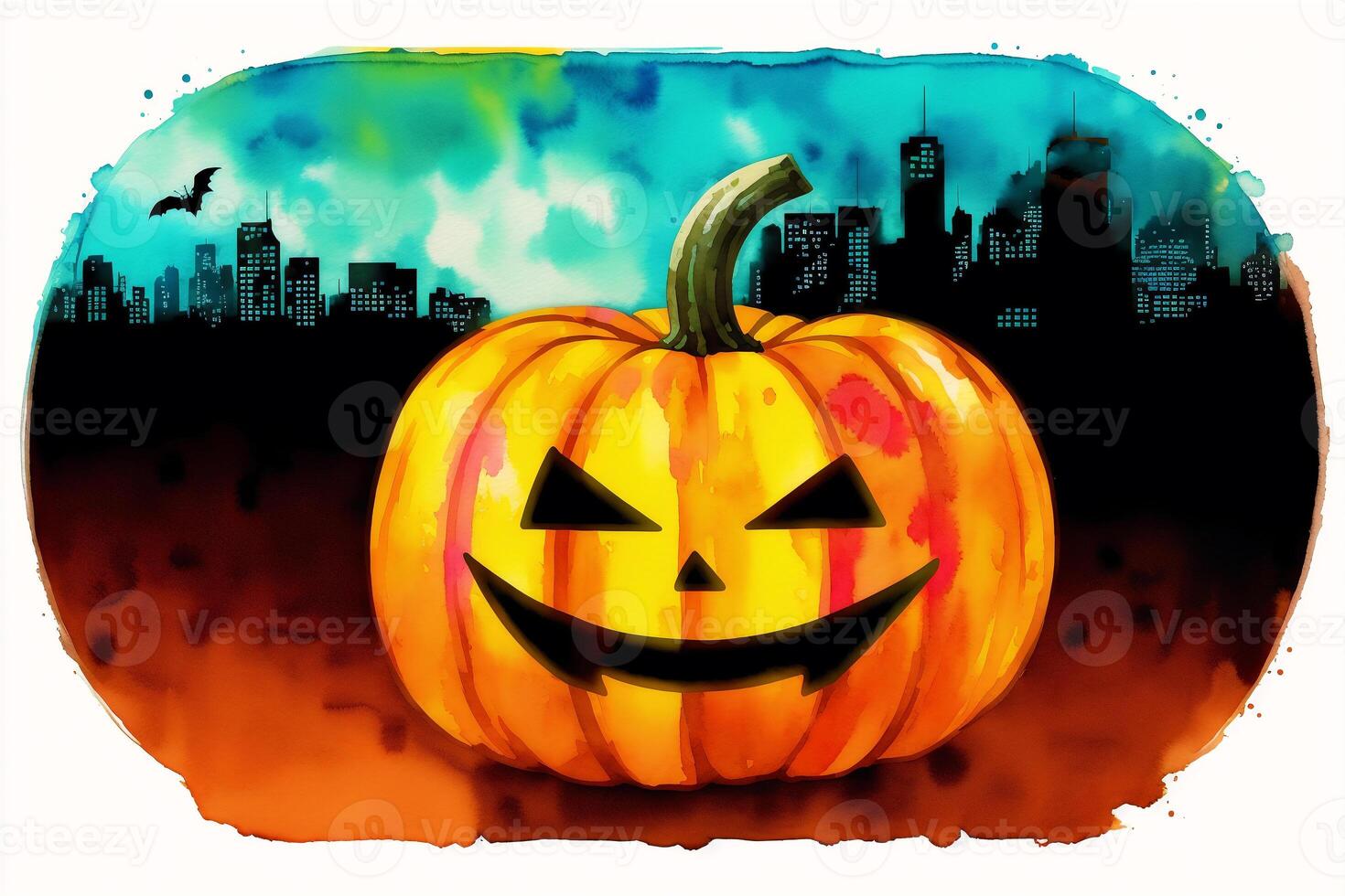 Halloween postcard. Halloween background with pumpkins and watercolor splash. Watercolor paint. Digital art, photo