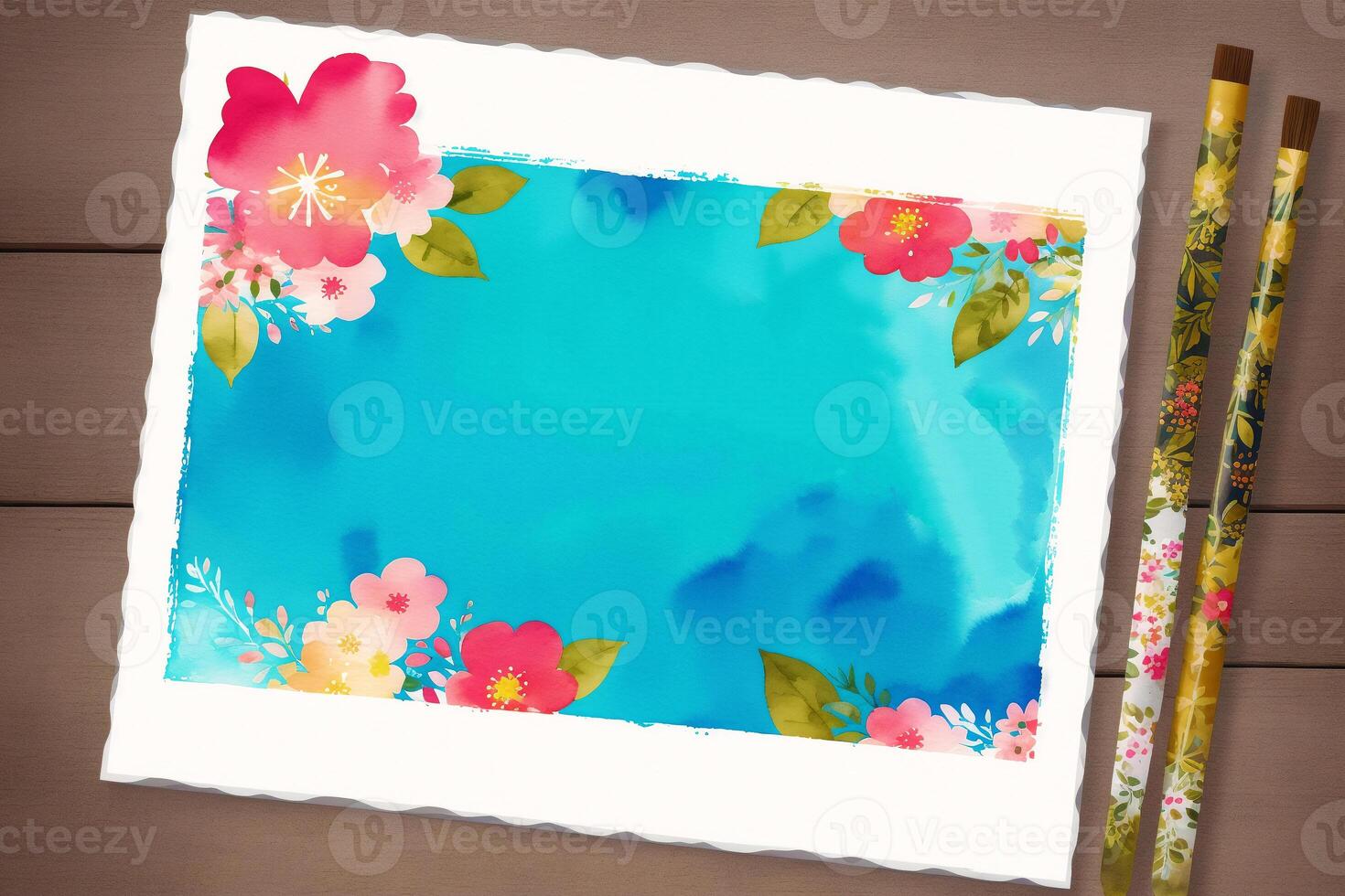 Easter postcard. Colorful easter eggs and watercolor paints on a wooden background. Watercolor paint. Digital art, photo