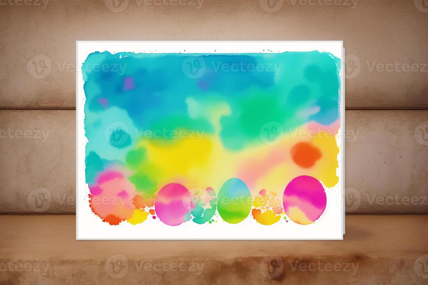 Easter postcard. Colorful easter eggs and watercolor paints on a wooden background. Watercolor paint. Digital art, photo