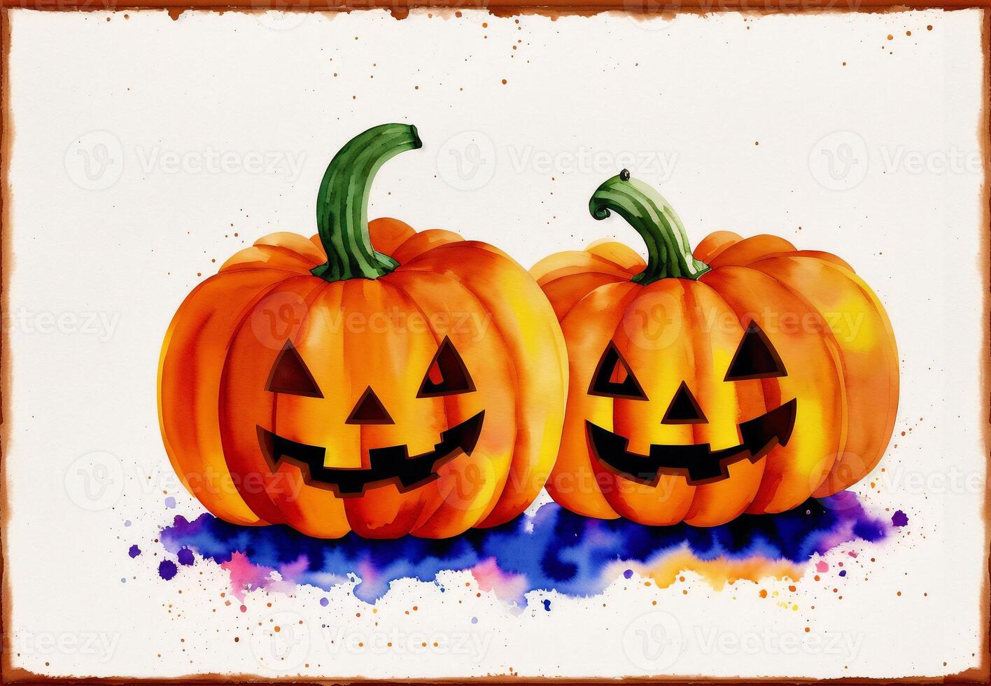 Halloween postcard. Halloween background with pumpkins and watercolor splash. Watercolor paint. Digital art, photo