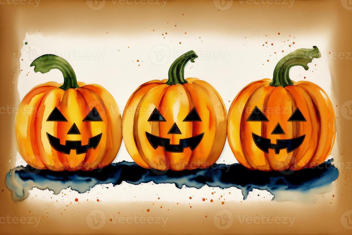 Halloween postcard. Halloween background with pumpkins and watercolor splash. Watercolor paint. Digital art, photo