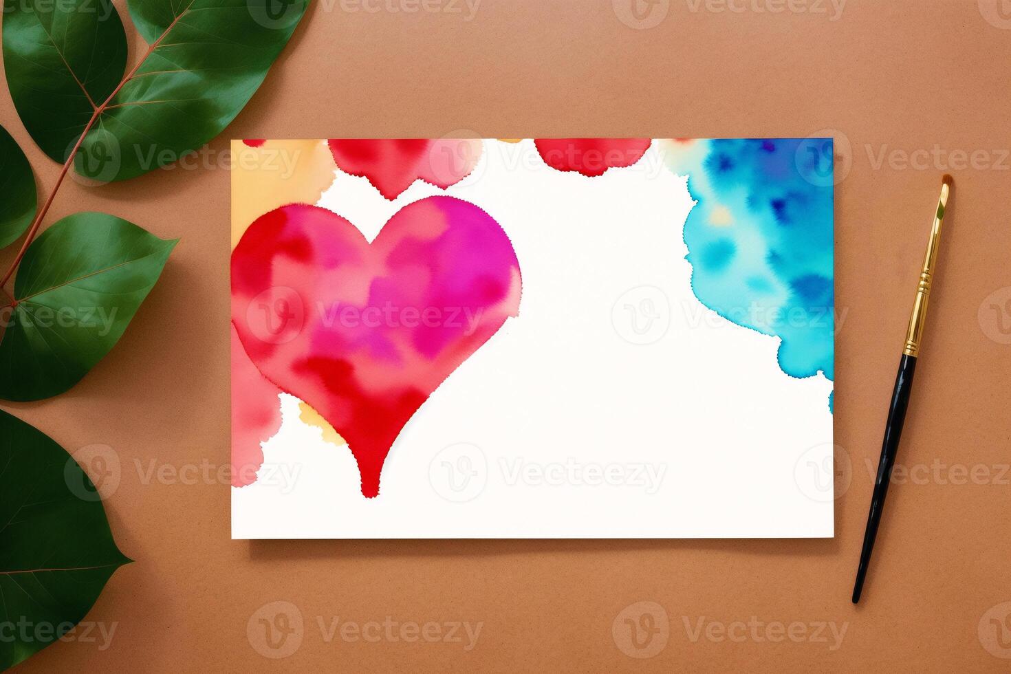 Valentine's day postcard. Watercolor hearts on the watercolor background. Valentine's day. Watercolor paint. Digital art, photo