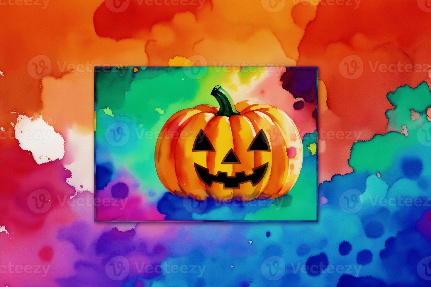 Halloween postcard. Halloween background with pumpkins and watercolor splash. Watercolor paint. Digital art, photo