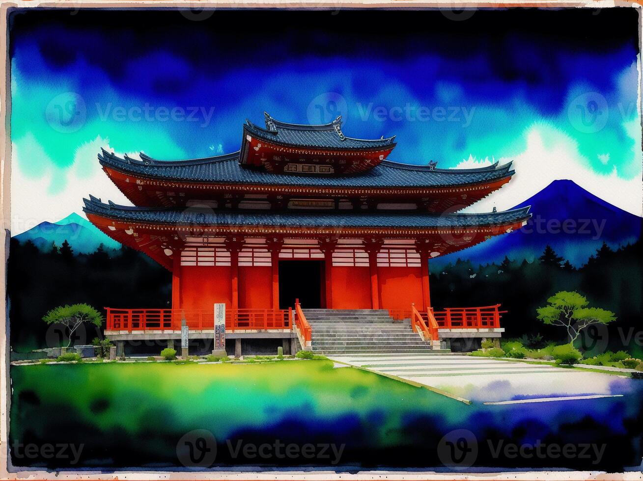 japonés templo en primavera con floreciente Cereza árbol. digital pintura..acuarela pintar. digital arte, generativo ai foto