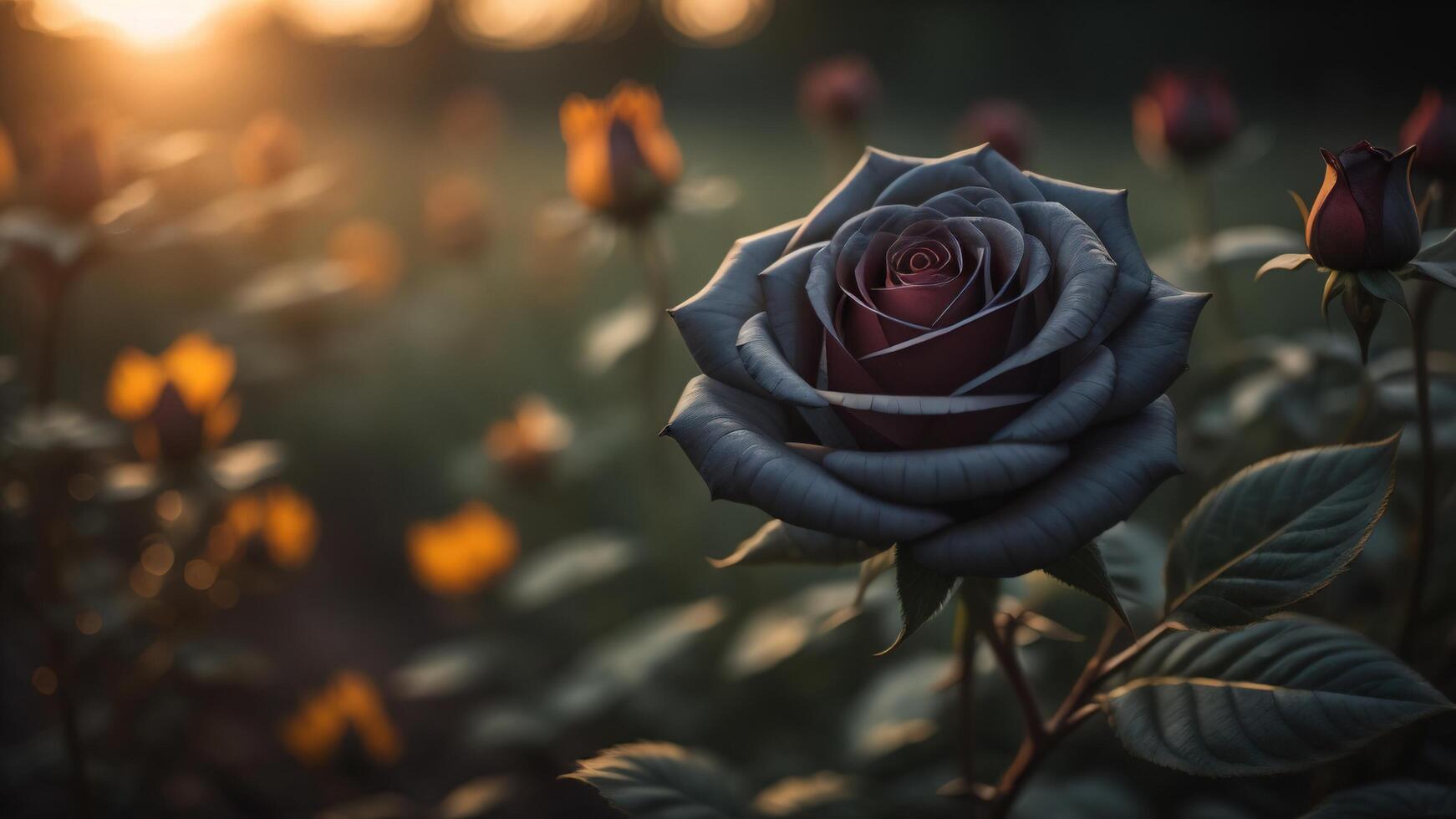 Black Rose Flower with shiny sunset light, photo