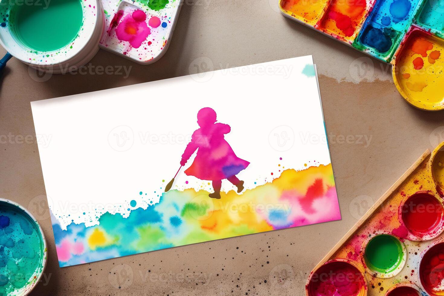 Childrens Day postcard. Childrens Day background. Watercolor paint. Digital art, photo