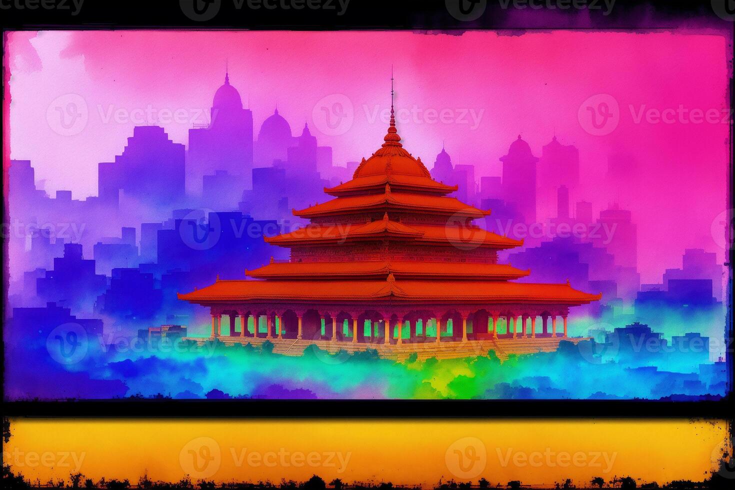 Chinese ancient temple. Digital painting..Watercolor paint. Digital art, photo