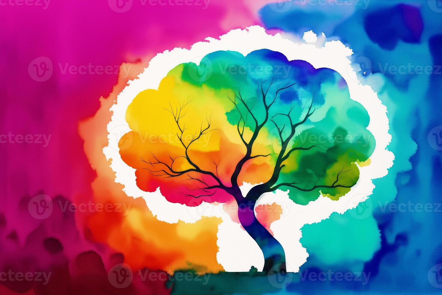 A watercolor painting of a tree with a rainbow on it. A colorful painting of a brain. Watercolor paint. Digital art, photo