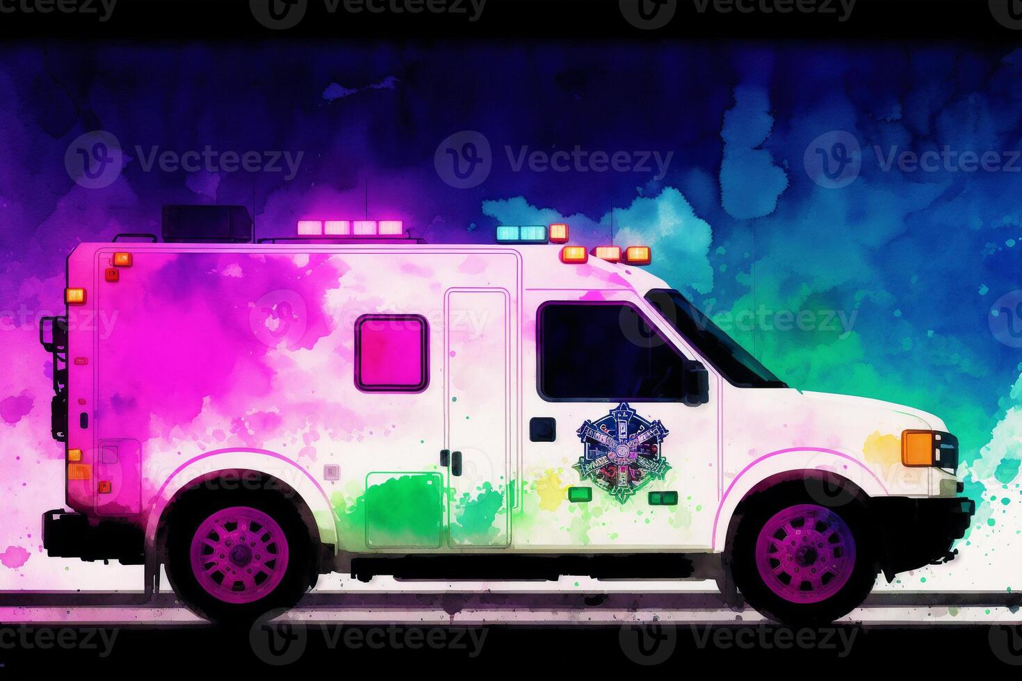 Vintage color police car on grunge background. Watercolor paint. Digital art, photo