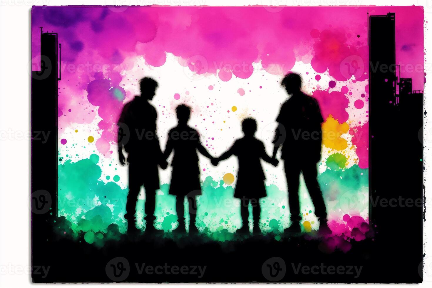 An illustration of a family. Watercolor paint. Happy family spending time together. photo