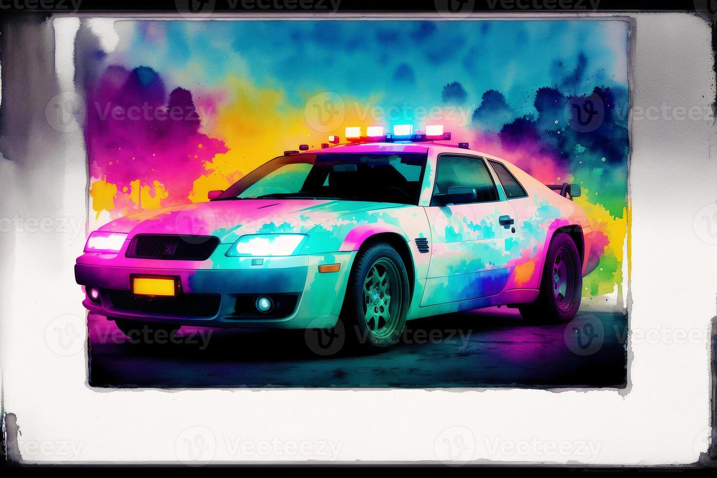 Vintage color police car on grunge background. Watercolor paint. Digital art, photo