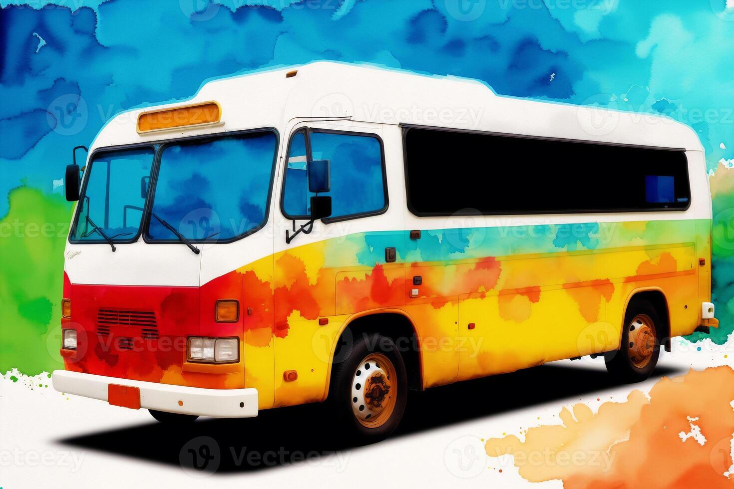 A colorful bus. Watercolor paint. Digital art, A red double decker bus. photo