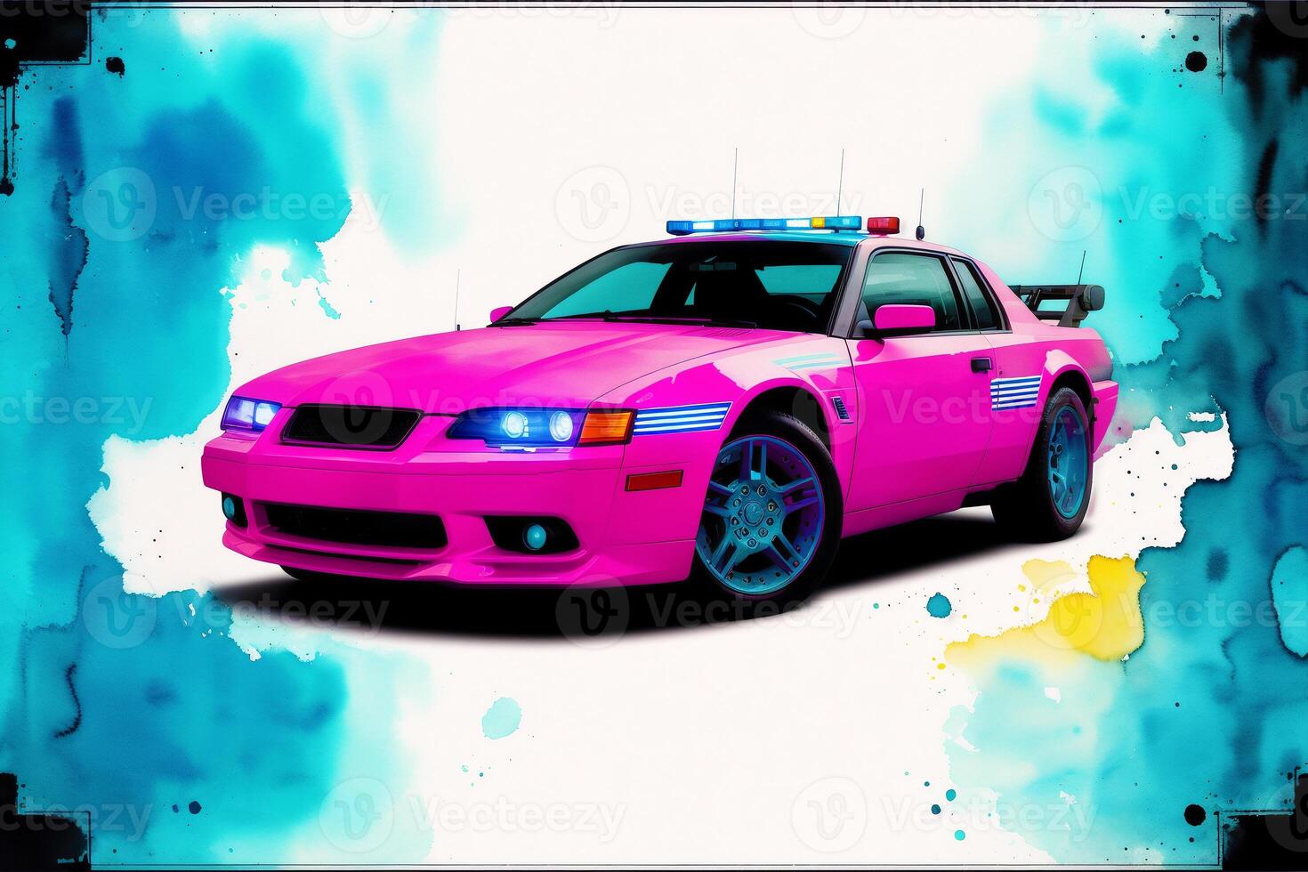 Vintage color police car on grunge background. Watercolor paint. Digital art, photo