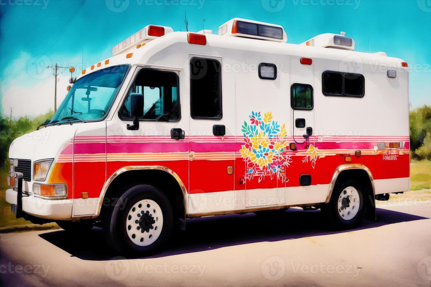 Vintage color ambulance car on grunge background. Watercolor paint. Digital art, photo