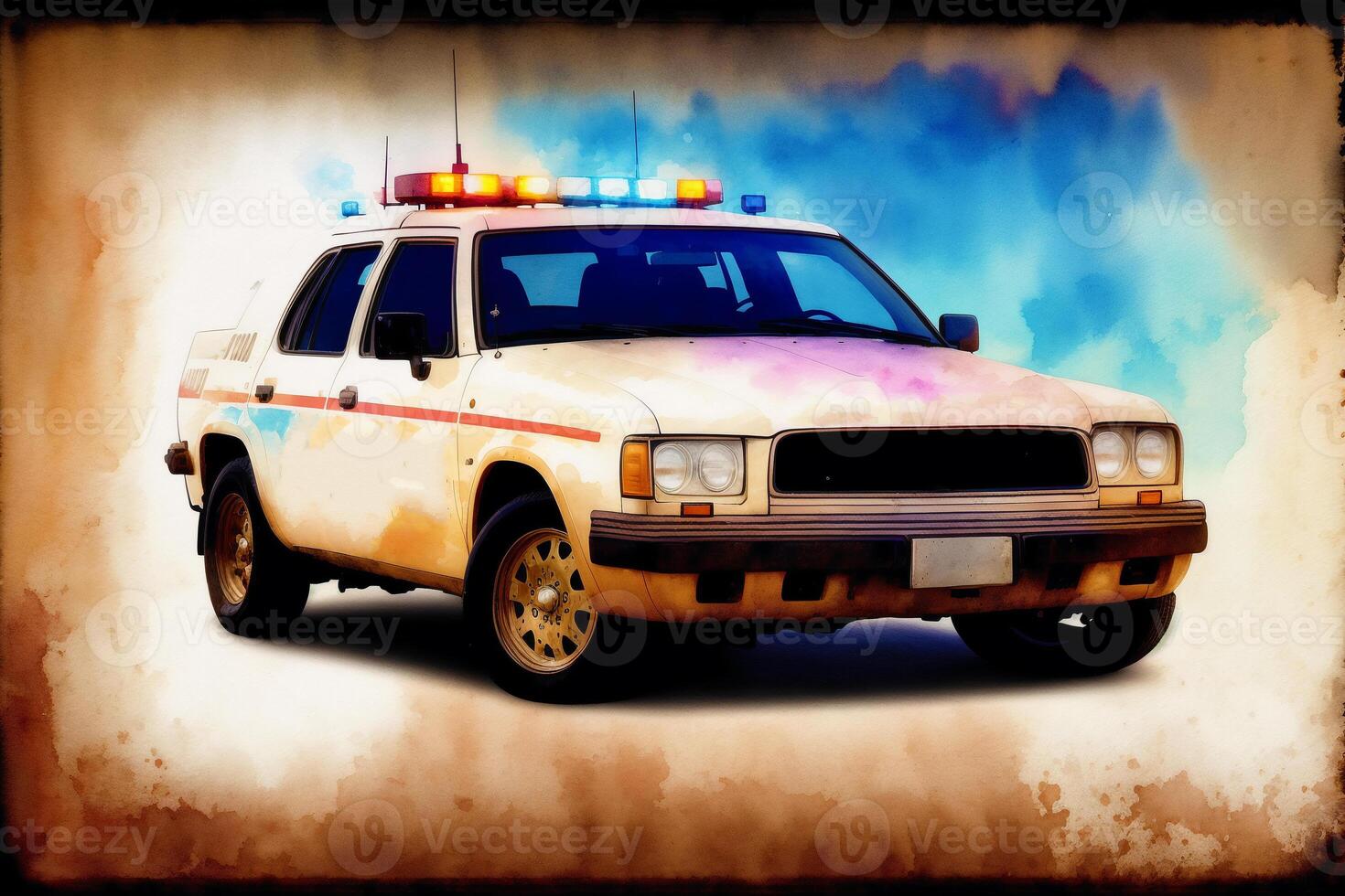 Vintage color police car on grunge background. Watercolor paint. Digital art, photo