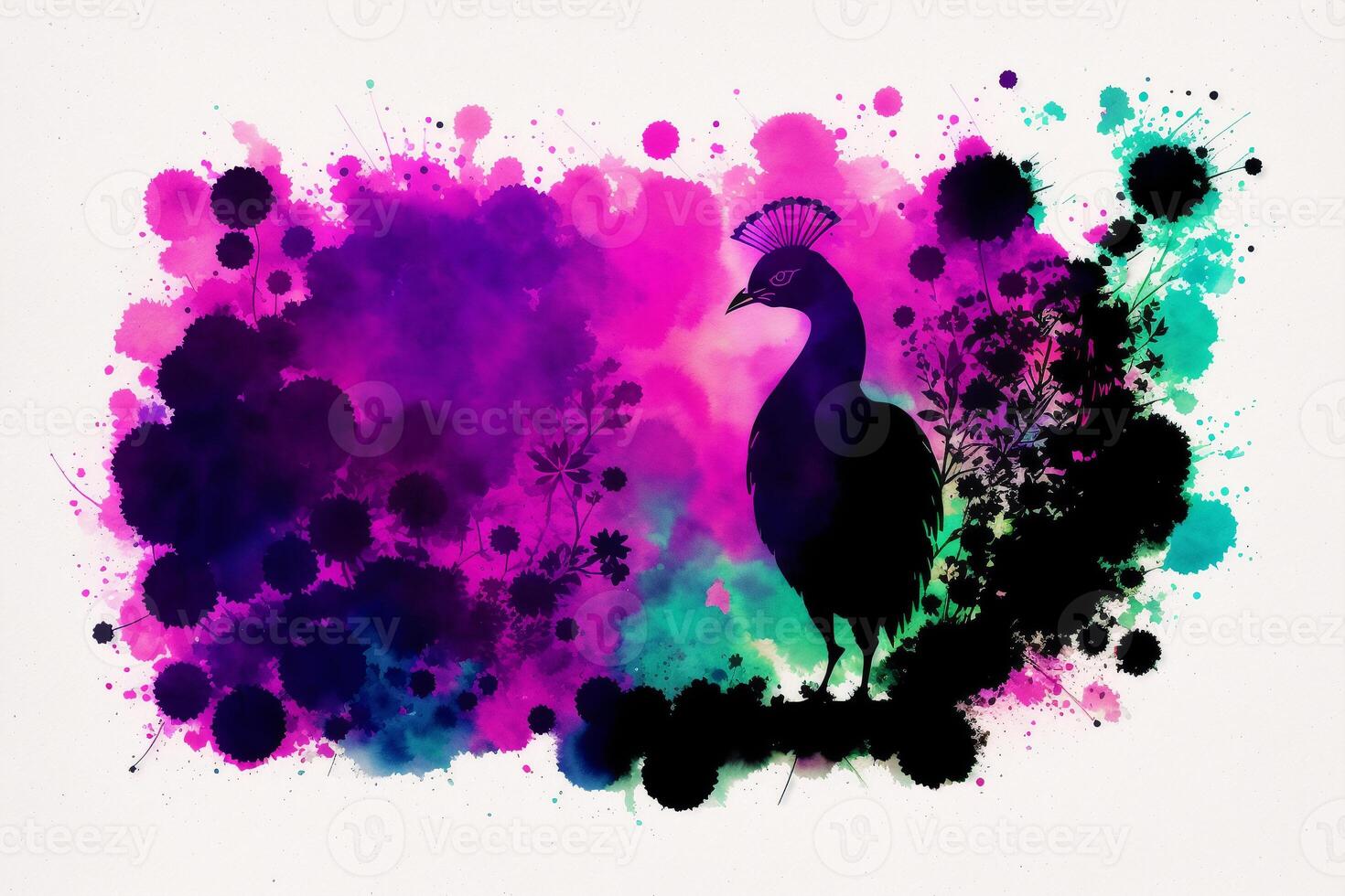 Illustration of a peacock on abstract watercolor background. Watercolor paint. Digital art, photo