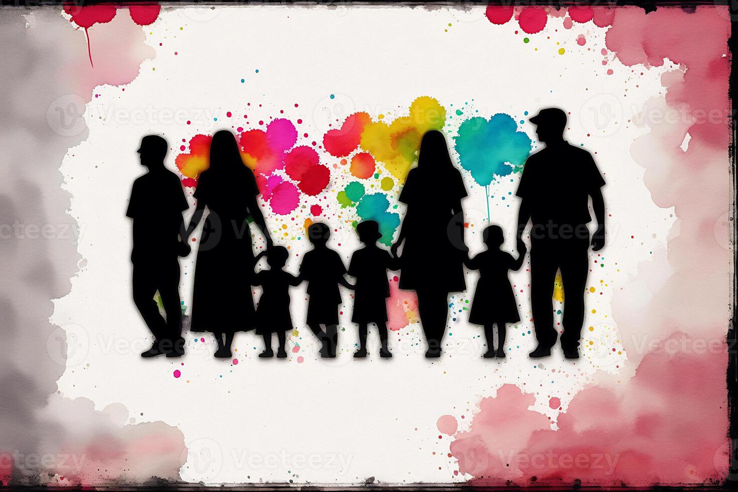 An illustration of A family. silhouette. Watercolor paint. Happy family spending time together.Age Diversity. photo