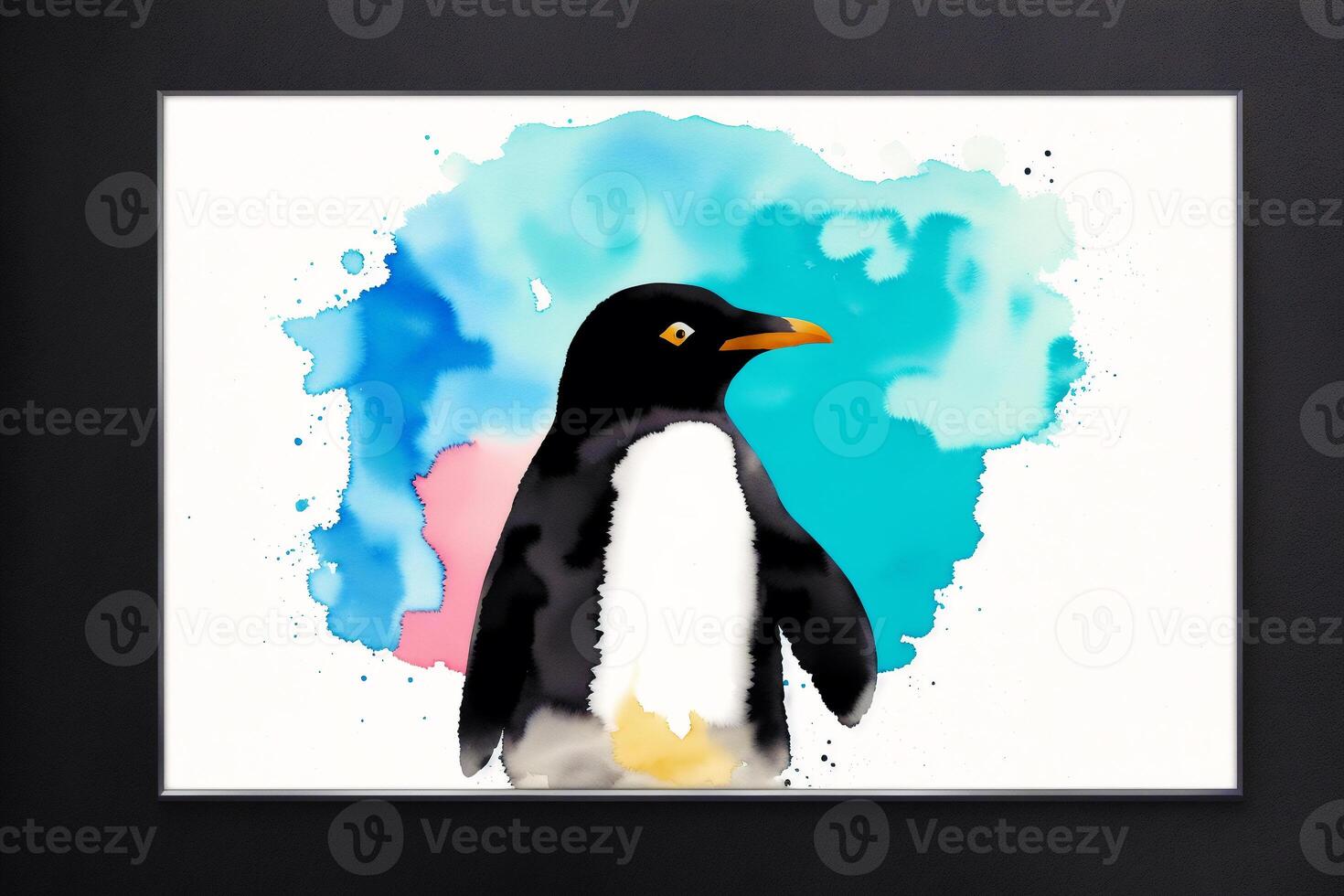 Illustration of a penguin on abstract watercolor background. Watercolor paint. Digital art, photo