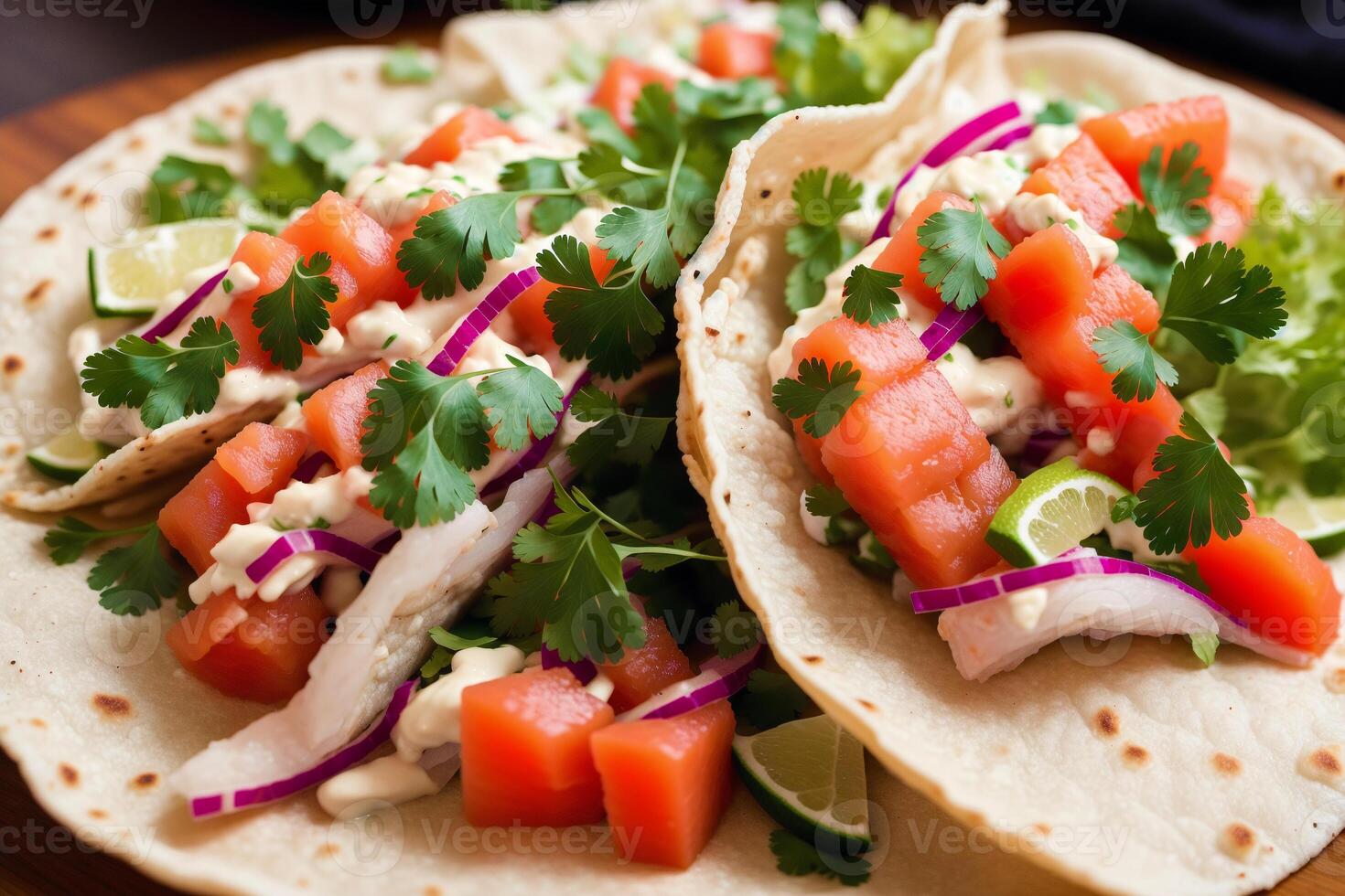 Mexican tacos with salmon, avocado, cilantro, onion and sauce. Mexican food. photo