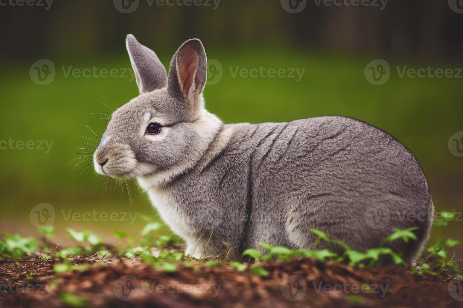 Rabbit in the forest at sunset. Animal in nature. Easter bunny. Wildlife scene. photo