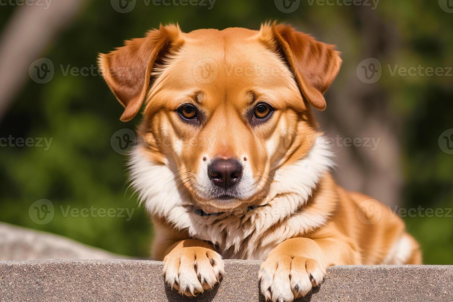 Portrait of a cute mixed breed dog lying on the grass in the park. photo