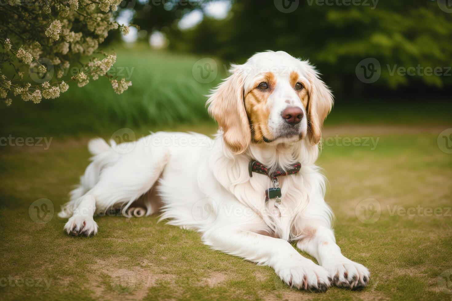 Portrait of a beautiful English Setter dog in the park. photo