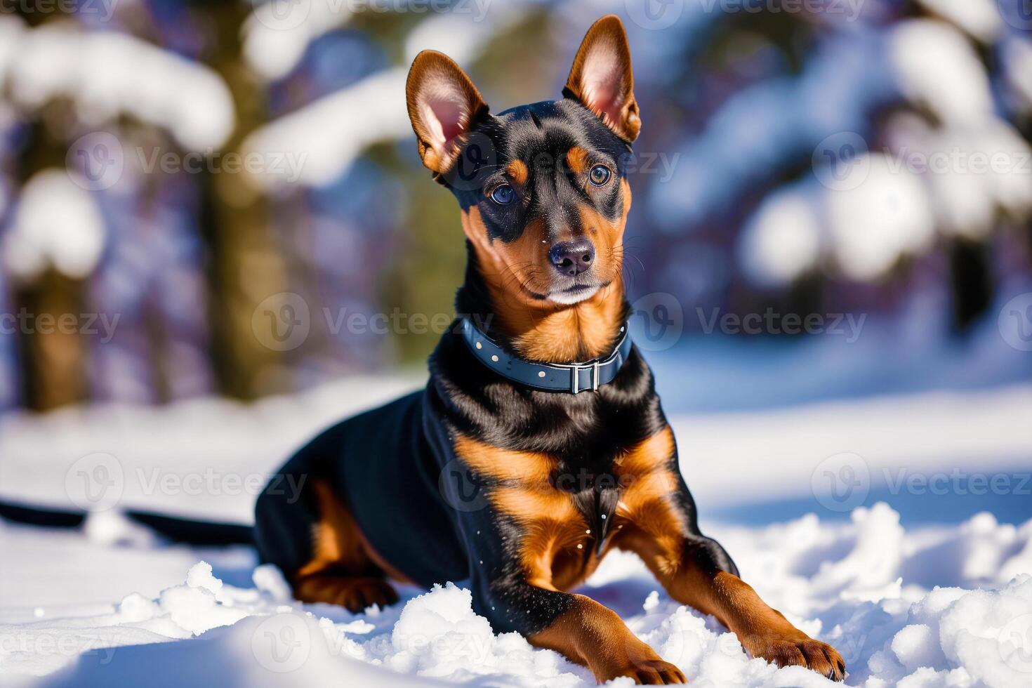 Miniature pinscher sitting on the ground in the park. photo