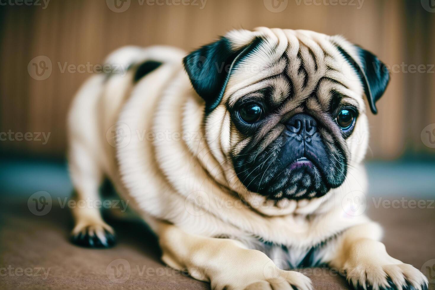Cute purebred Pug dog. Portrait of a beautiful Pug dog playing in the park. photo