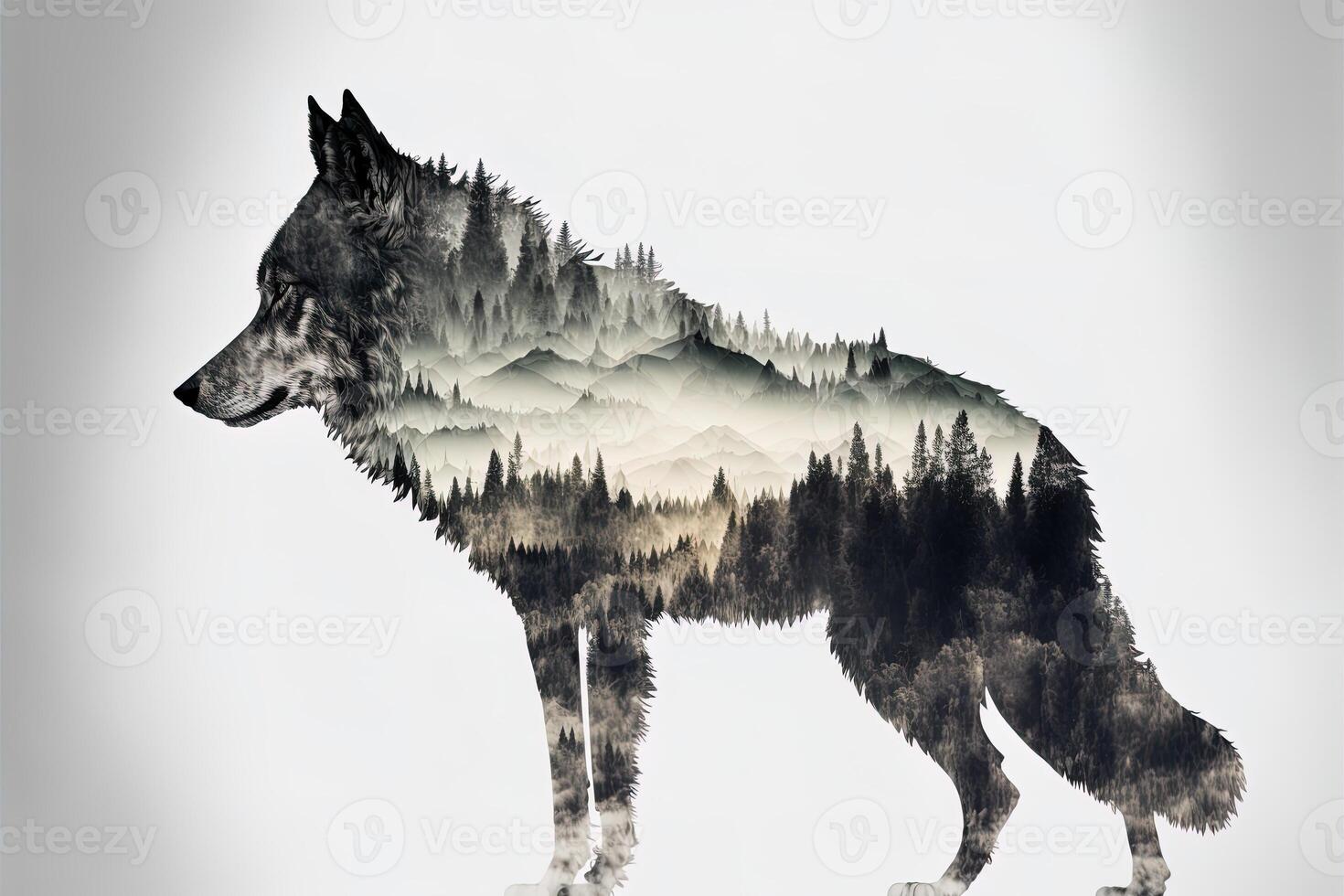 Double exposure of a wolf and jungle on white background. Camping concept. Vintage Grizzly for t-shirt design, sticker, poster, and wallpaper. photo