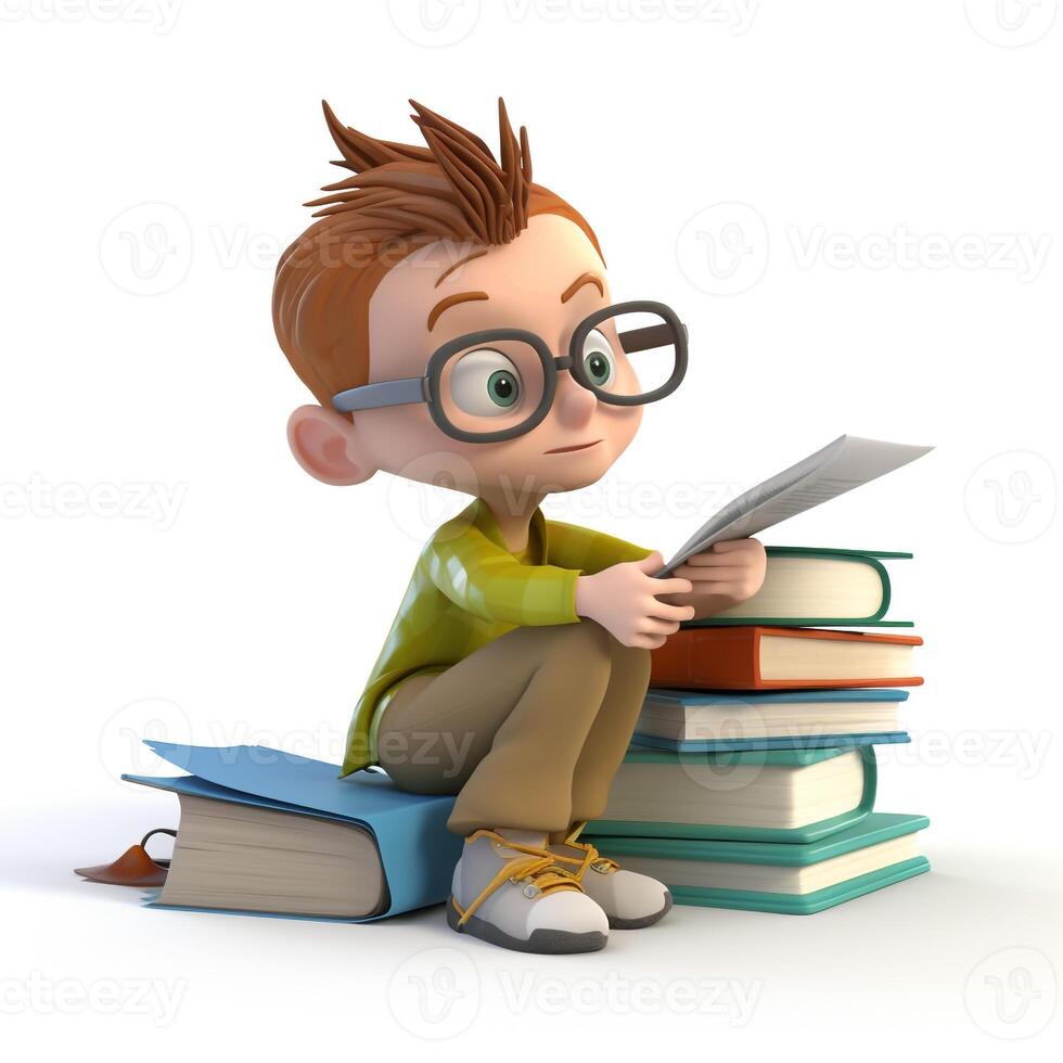 Cartoon 3d character reading a book, study concept. photo