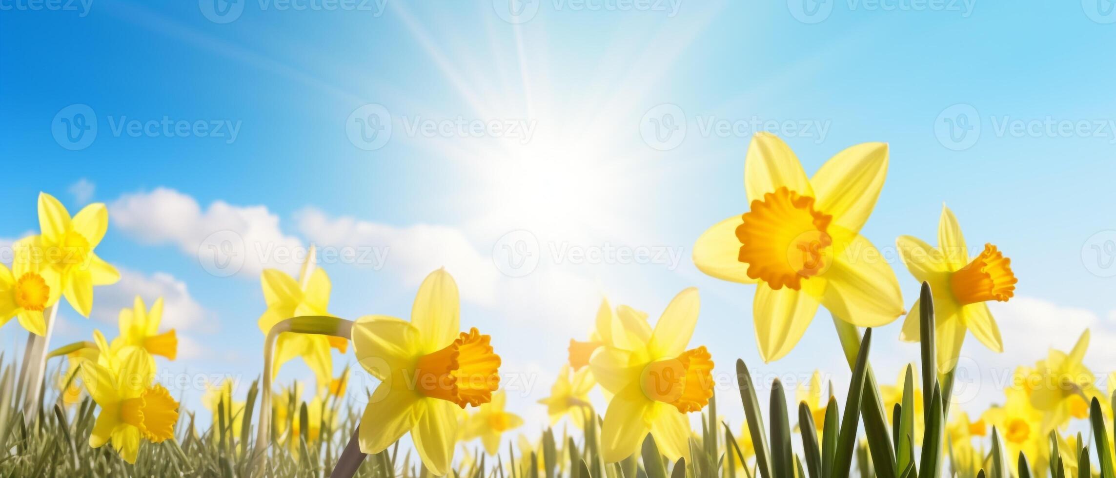 yellow daffodils with blue sky and sunlight. photo