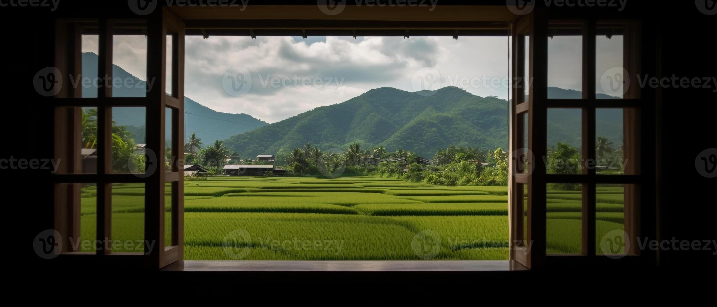 un ventana ver de un arroz campo con montañas en el antecedentes. ai generativo foto