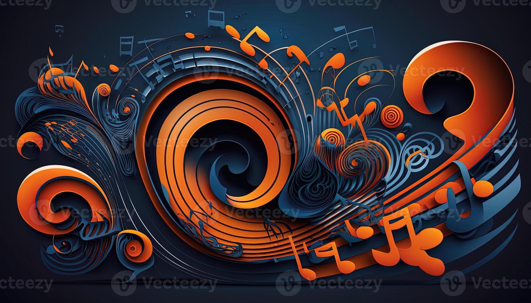 Background banner Music and sound with some technology, orange and dark blue color.Gold music notes and treble clef on line wave of sound tune. illustration template for music festival photo