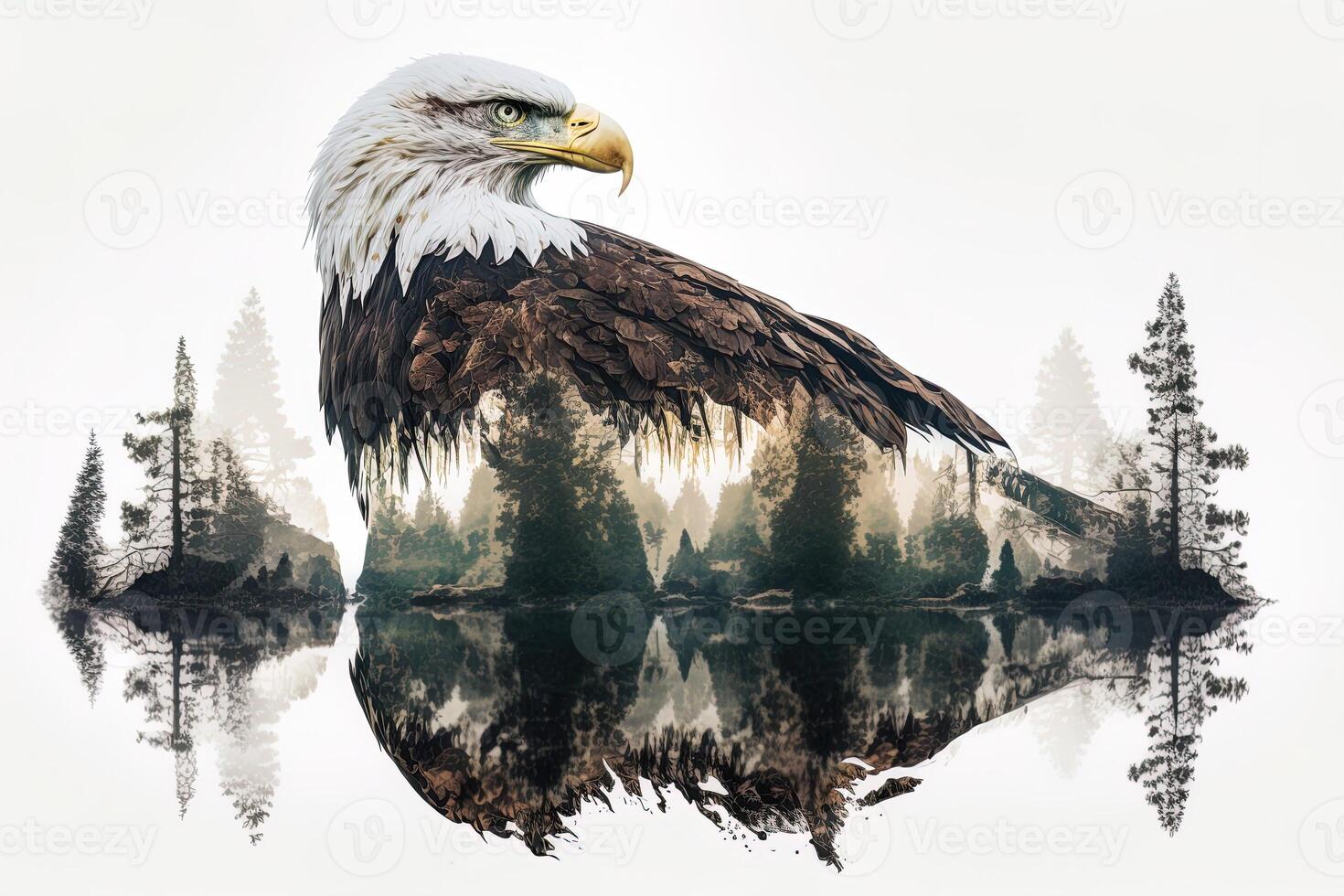 calvo águila y el Pacífico noroeste, doble exposición fotografía. generativo ai. líder, coraje, fuerte y corajudo, majestuoso león. explorar foto