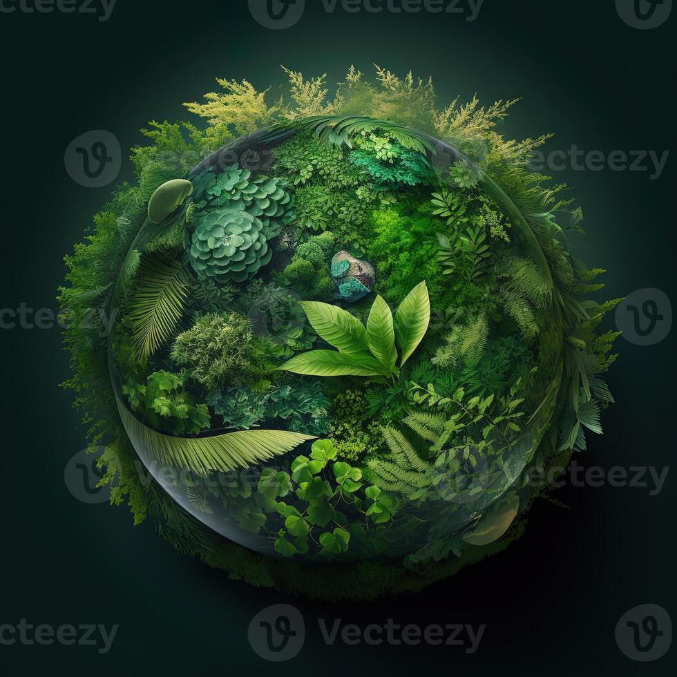 a green mini planet earth, Illustration of planet Earth with a giant tree. Energy saving, ecology and environment sustainable resources conservation concept. photo