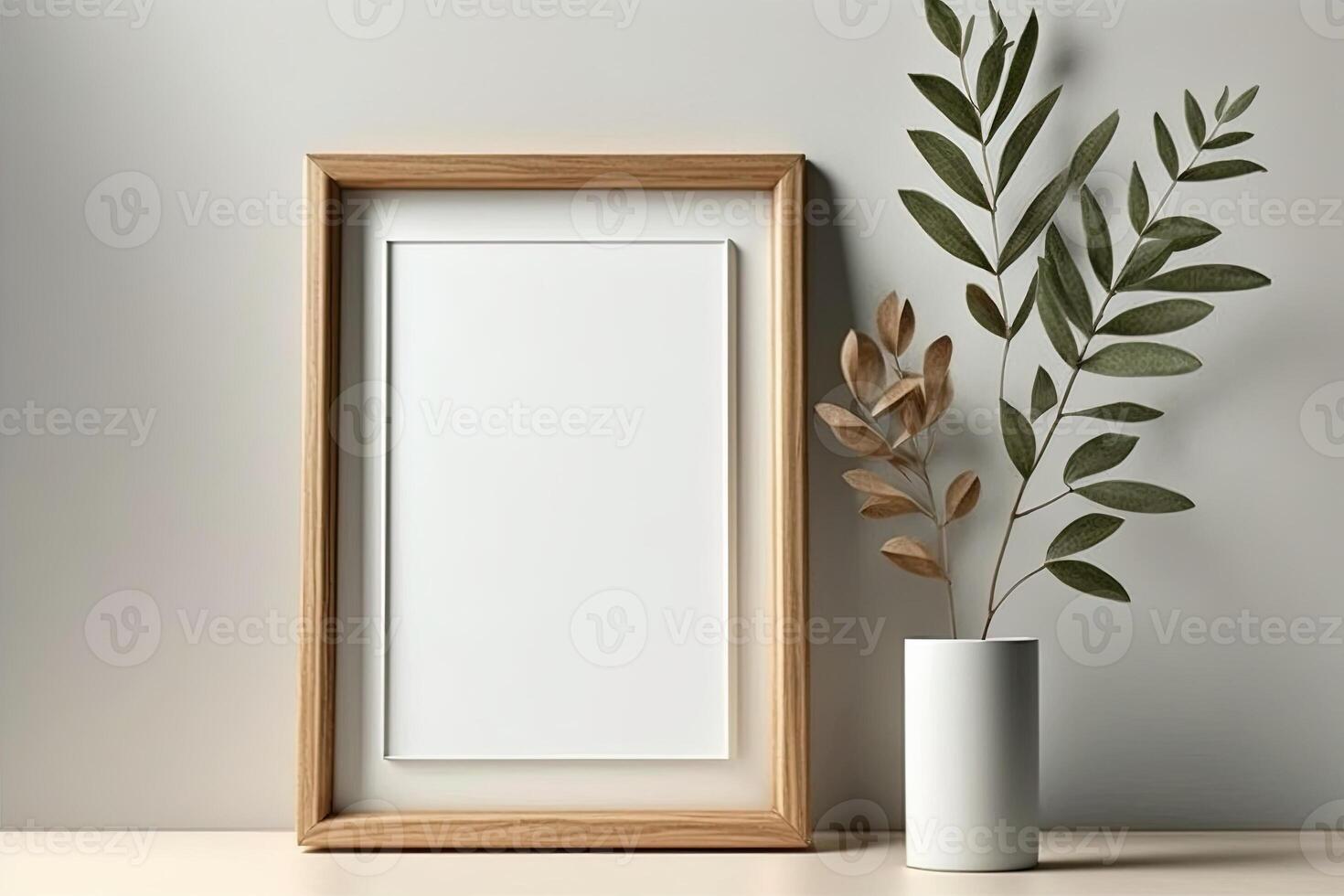 Blank picture frame mockup on wall in modern interior. Artwork template mock up in interior design. Wooden Picture Frame Mockup on White Wall Minimalist - photo
