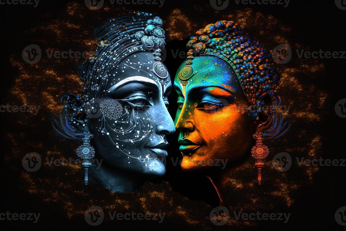 Radha krishna in love medium shot photography portrait of cosmic galactic . symbol of Devine Love. Art Print For Home Decor hindu couple on abstract decorative background photo