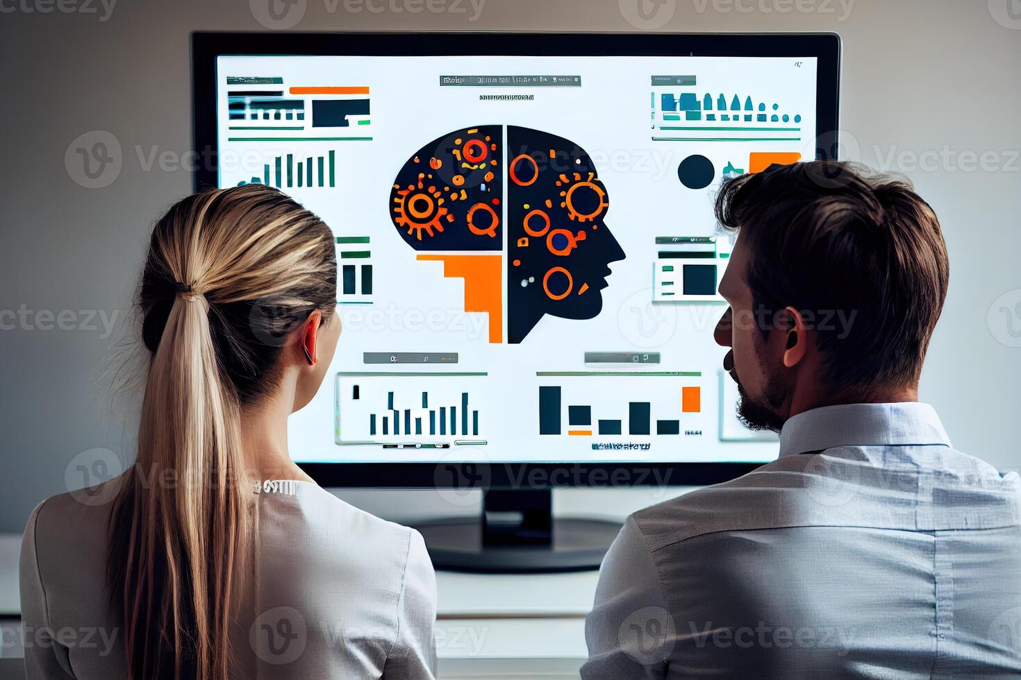 businessman and woman sitting in front of a computer screen, staring intently at their website's analytic dashboard, Show the website as a vibrant, media platforms, advertising channels. photo