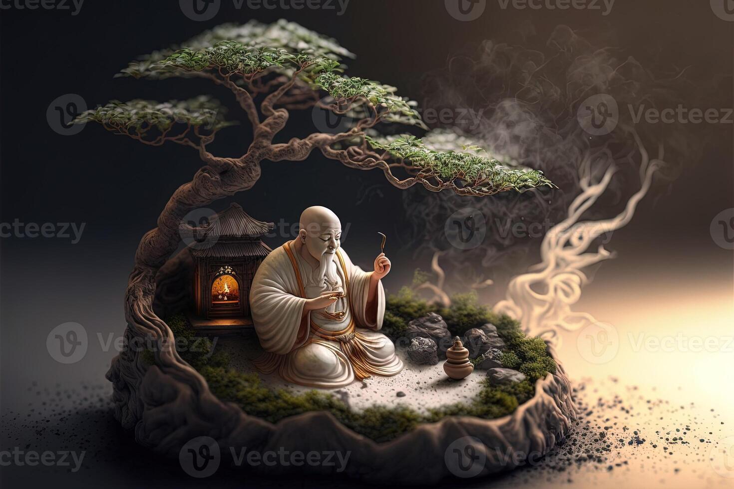 Miniature desk zen sandbox with Monk figure sit in Lotus position, stacked zen sea stones, brown elephant figurines, spa candles burning against dark studio background, copy space. photo