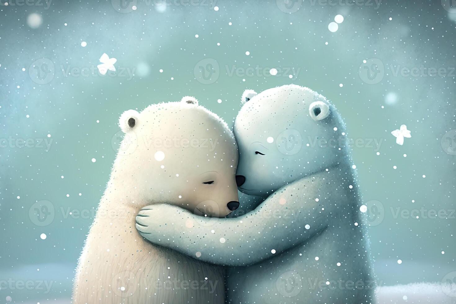 Two cute polar hug together in white snow background. Mother and baby polar bear cuddling as family in snow in winter. photo