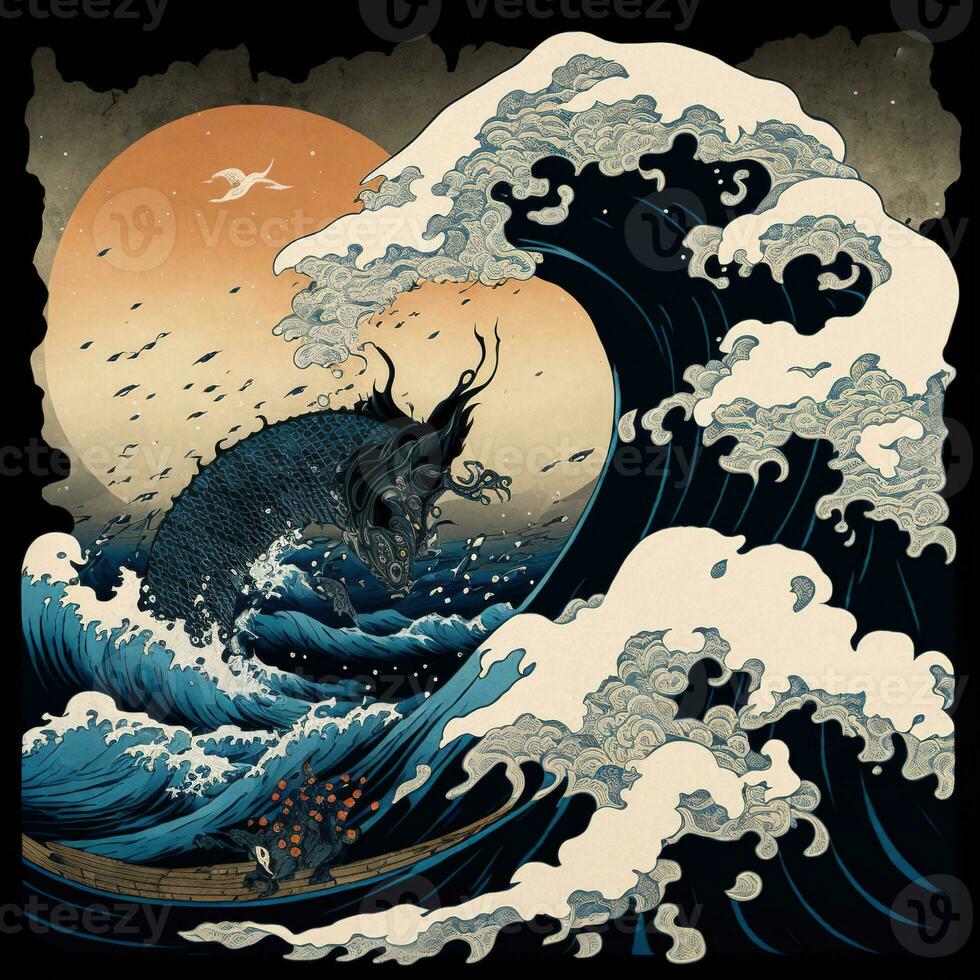 The great wave off kanagawa painting reproduction. Japanese style. Ukiyo-e style painting of the null void changing photo