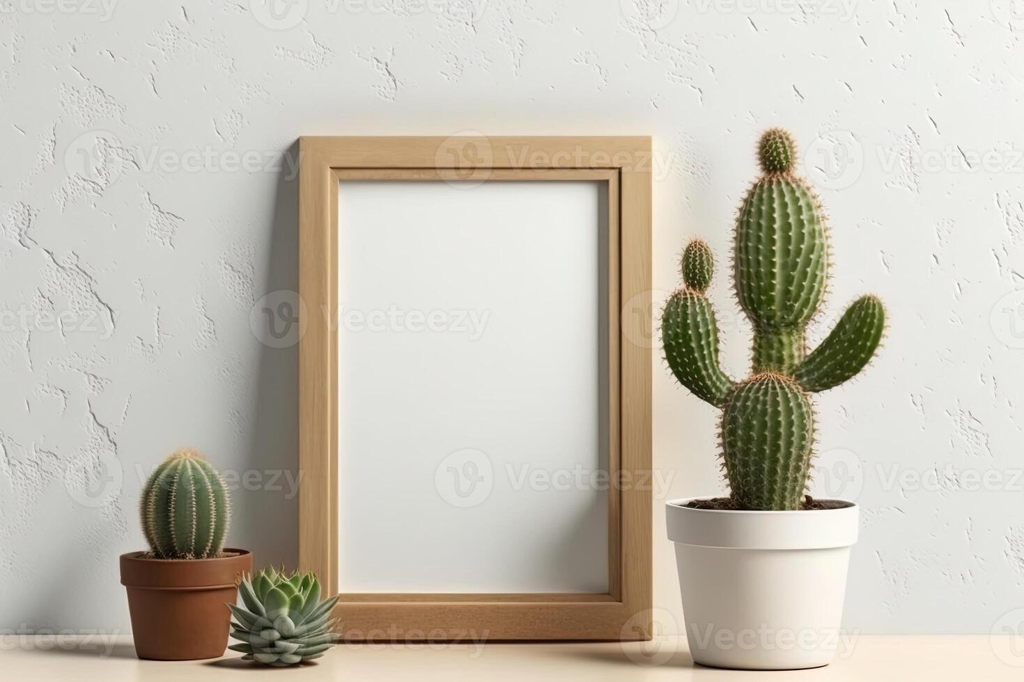 Blank picture frame mockup on wall in modern interior. Artwork template mock up in interior design. Wooden Picture Frame Mockup on White Wall Minimalist - photo