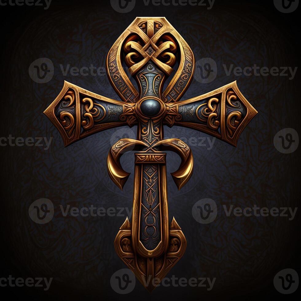 Ancient golden ankh symbol isolated on dark background. Illustration of an Egyptian cross in digital form. The ancient Egyptians used the Ankh as a symbol for eternal life. photo