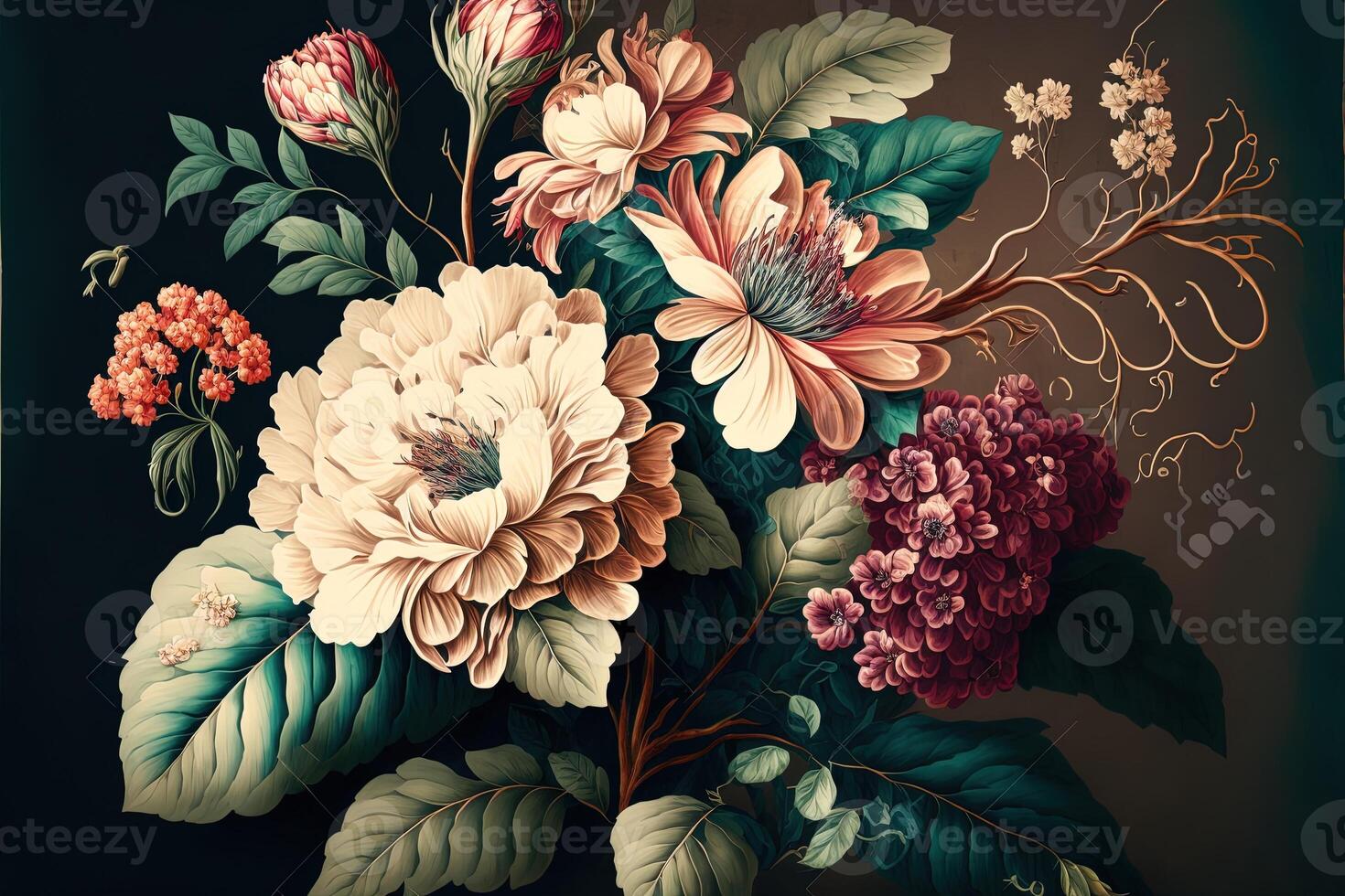 beautiful fantasy vintage wallpaper botanical flower bunch,vintage motif for floral print. photo