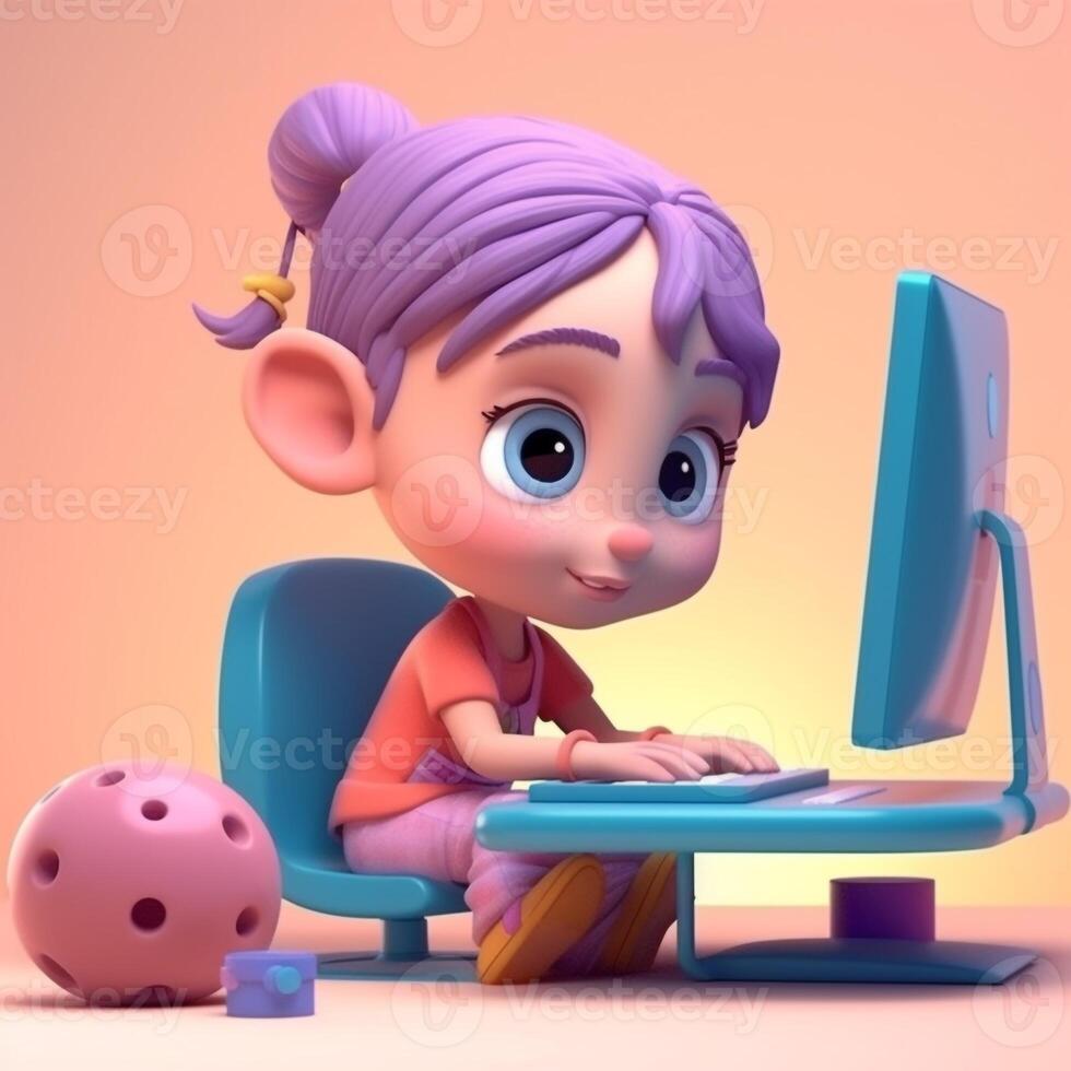 3d girl character working with computers. photo